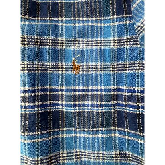 Ralph Lauren Men Short Sleeve Button Down Size Medium Blue Plaid Brown Pony - Picture 5 of 7